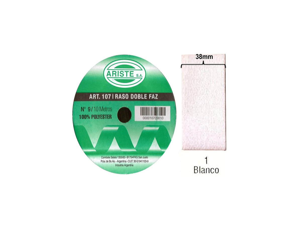 CINTA RASO ARISTE Nro 9  38mm x10 MTS BLANCO DOBLE FAZ