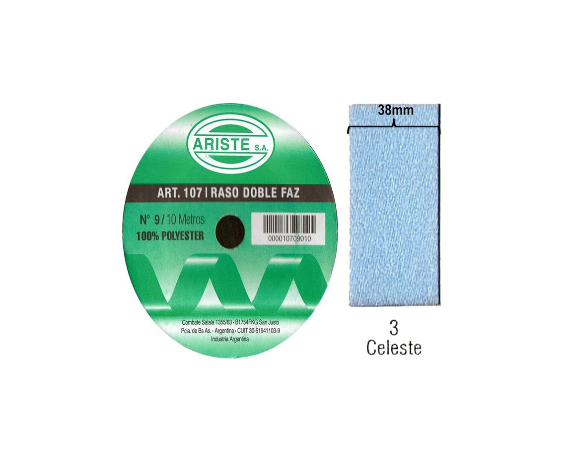 CINTA RASO ARISTE Nro 9  38mm x10 MTS CELESTE DOBLE FAZ