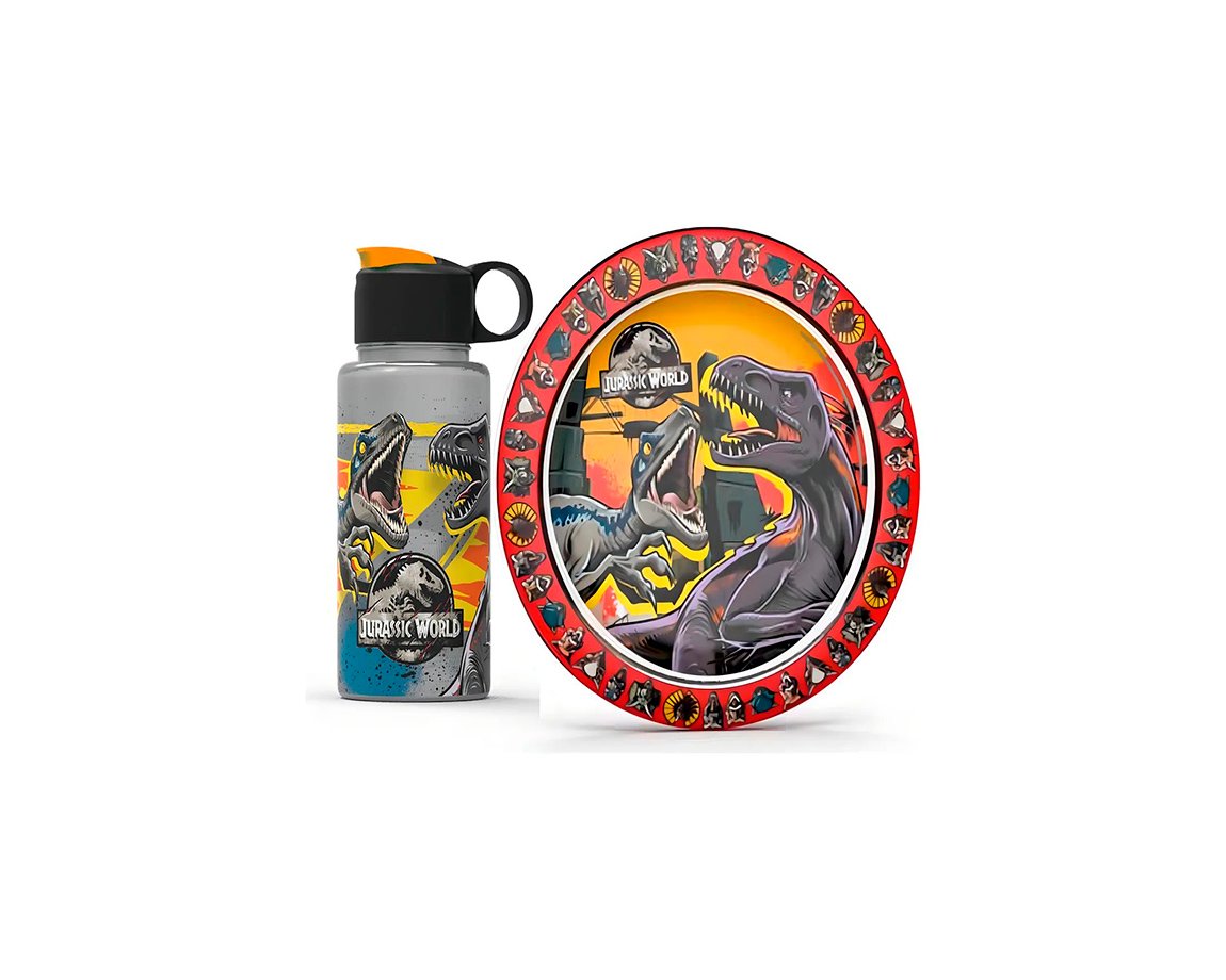 PLATO + BOTELLA FLIP TOP BEL GIOCO JURASSIC