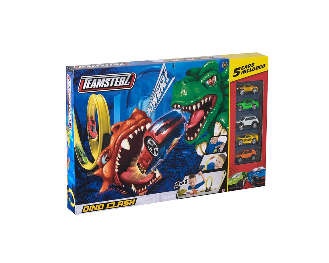 JUGUETE TEAMSTERZ 14095 PISTA CURVA + 5 VEHICULOS CHOQUE DE DINOS